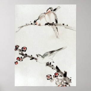 Affiche Katsushika Hokusai Three Birds Perched on Branches