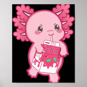 Affiche Kawaii Axolotl fraise Lait Ado Fille Enfants Japa