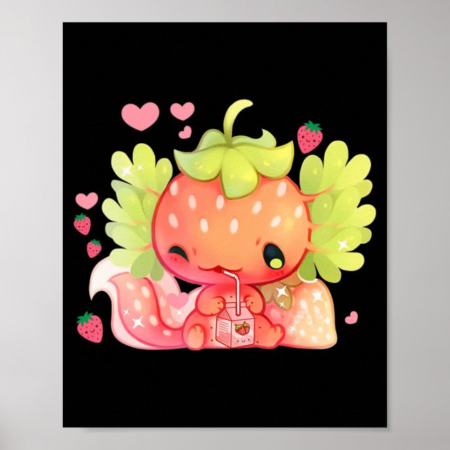 Affiche Kawaii Axolotl Strawberry Milk Shake Japanese Anim (Devant)