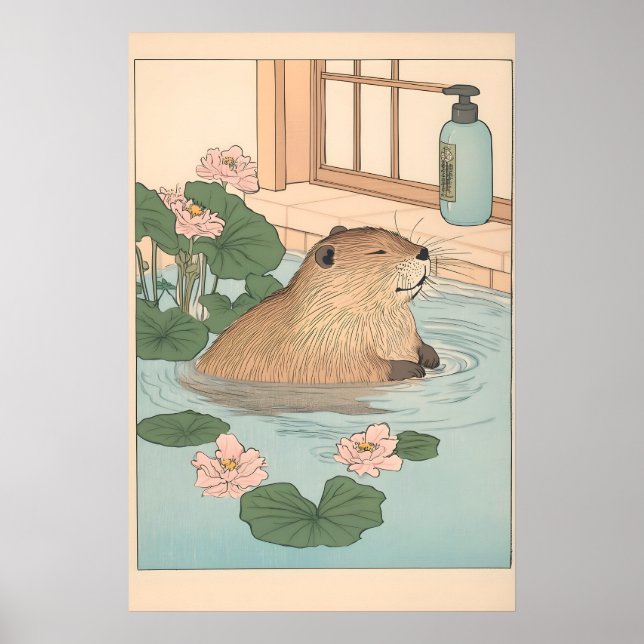 Affiche Kawaii Beaver Ukiyo-e Print Funny Bathroom Japandi (Devant)