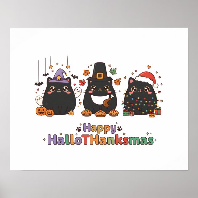 Affiche Kawaii Black Cats Happy HalloThanksmas  (Devant)