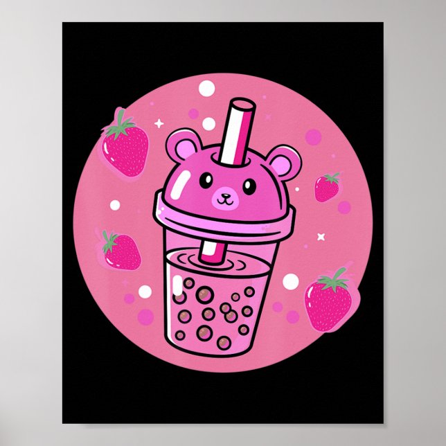 Affiche Kawaii Boba Coupe Fraise Anime Buble Thé Cute (Devant)
