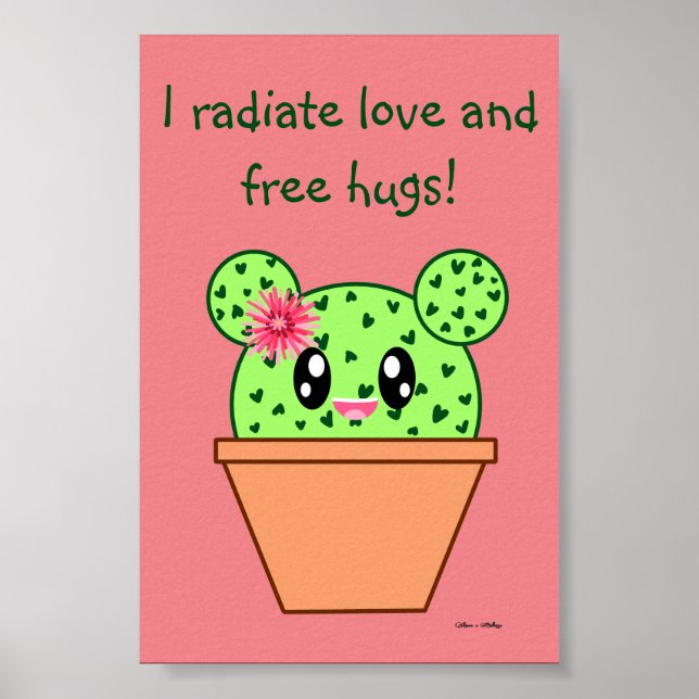 Affiche Kawaii Cactus Dessiner des câlins libres rose (Devant)