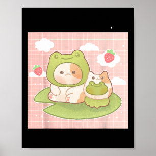 Affiche Kawaii Chat Frog fraise Retro 90s Cottagecore A