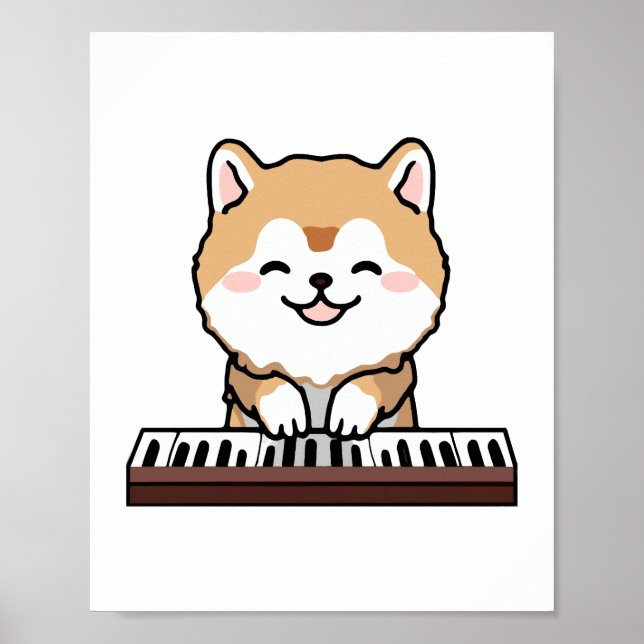 Affiche Kawaii Chien mignon Jouer Piano Clavier (Devant)