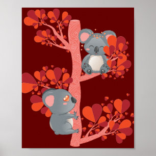 Affiche Kawaii couple de koalas avec arbre de coeur