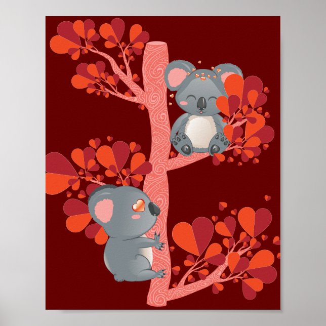 Affiche Kawaii couple de koalas avec arbre de coeur (Devant)