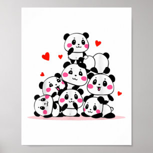 Affiche Kawaii Cute Baby Panda Pile Avec Coeurs Rouges Val