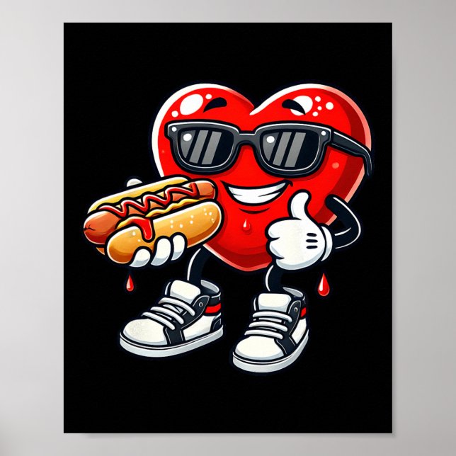 Affiche Kawaii drôle cœur mangeant hot dog Saint-Valentin  (Devant)