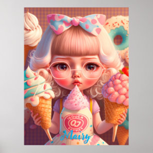 Affiche Kawaii fille mignonne avec des glaces