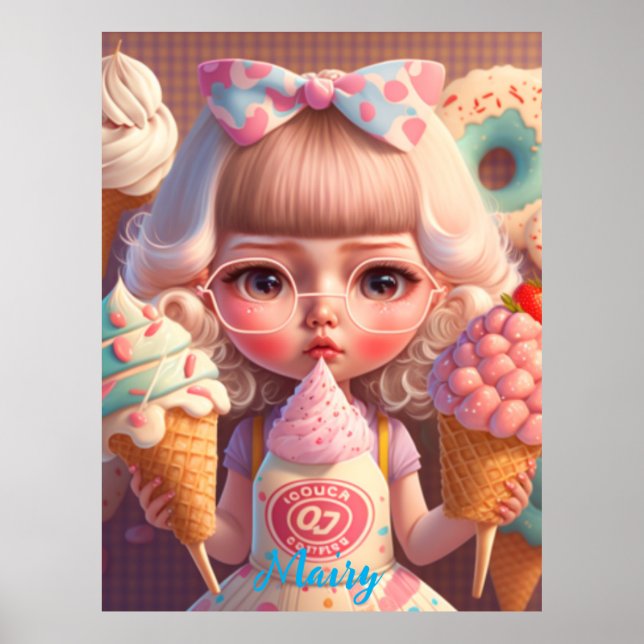 Affiche Kawaii fille mignonne avec des glaces (Devant)