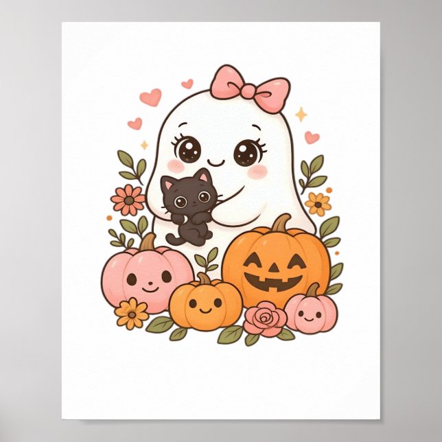 Affiche Kawaii Ghost Halloween Chat noir Citrouille Chat c (Devant)
