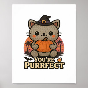 Affiche Kawaii Halloween Chat avec Citrouille, jolie sorci
