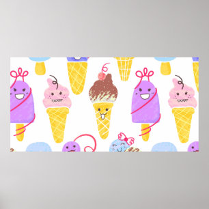 Affiche Kawaii Ice Creams Motif, Kawaii Caractère Ice Cr