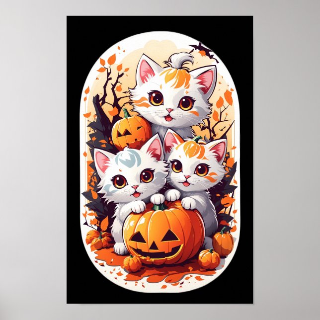 Affiche Kawaii Kittens jouer avec un petit citrouille (Devant)