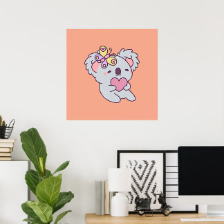 Affiche Kawaii Koala with Heart and Butterfly