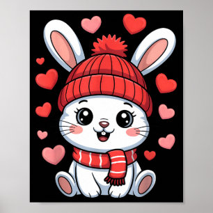 Affiche Kawaii Lapin Saint-Valentin Cœurs Écharpe d'Hiver