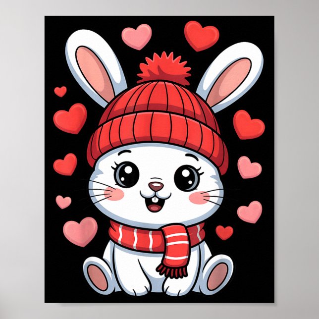 Affiche Kawaii Lapin Saint-Valentin Cœurs Écharpe d'Hiver  (Devant)