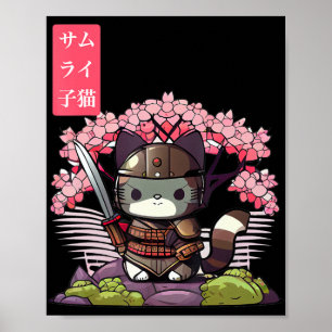 Affiche Kawaii Samouraï Chatons avec Cerisier Fleur Japona