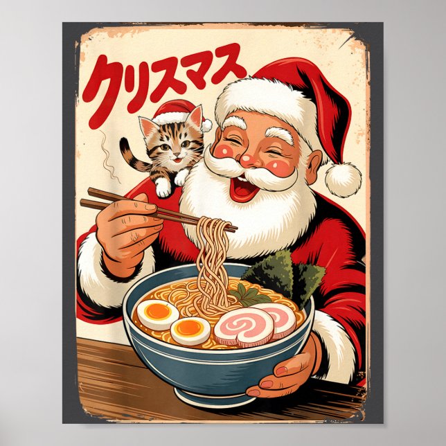 Affiche Kawaii Santa mangeant des nouilles Ramen Noël japo (Devant)