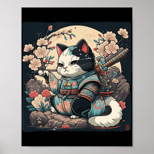 Affiche Kawaii Style japonais Samurai Chat Kitten Anime