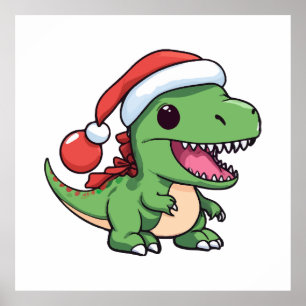 Affiche Kawaii T-Rex Dinosaur en Casquette de Noël