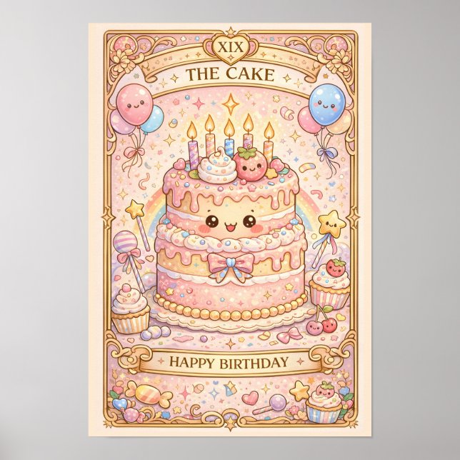 Affiche Kawaii Tarot Anniversaire “Le Gâteau” Pastel migno (Devant)