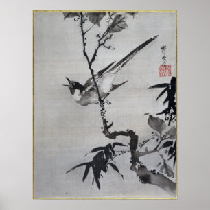 Affiche Kawanabe Kyōsai chante un oiseau sur une branche