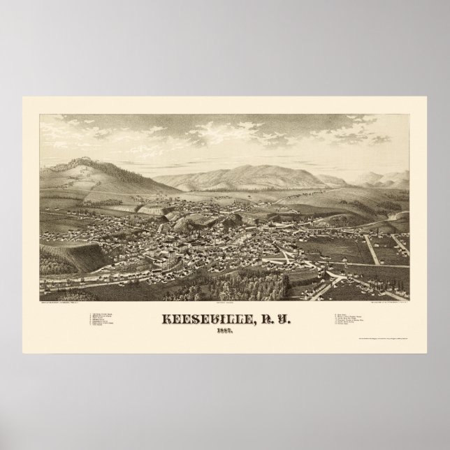 Affiche Keeseville, New York Carte panoramique - 1887 (Devant)