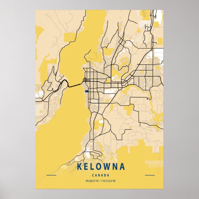 Affiche Kelowna - Carte de la ville jaune du Canada (Devant)