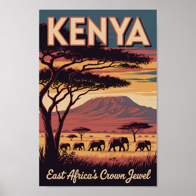 Affiche Kenya Elephants Illustration Travel Art Vintage (Devant)