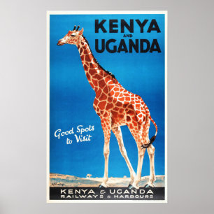 Affiche KENYA et UGANDA Safari Animaux Tourisme ancien