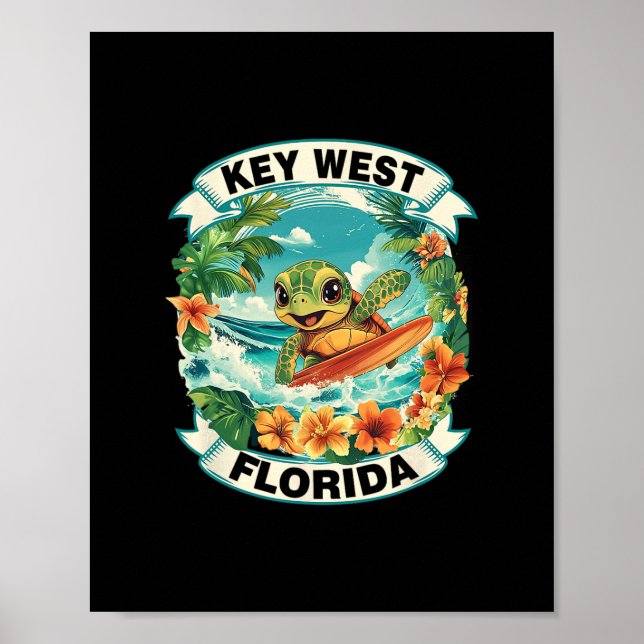 Affiche Key West Floride Mignon Tortue de Mer Surfant Été  (Devant)