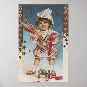 Affiche Kid Holding Fireworks and Rockets