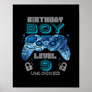 Affiche Kids 9th Birthday Gamer Level 9 Unlocked Video Gam