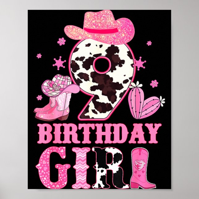 Affiche Kids 9th Birthday Girl Rodeo Western Cowgirl Birth (Devant)