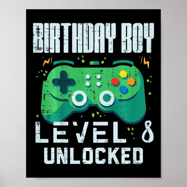 Affiche Kids Birthday Boy Level 8 Unlocked Gamer Controlle (Devant)