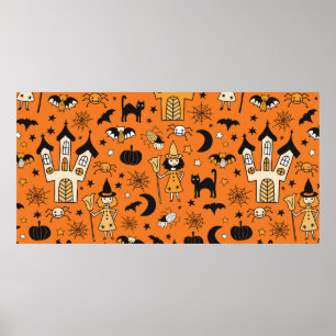 Affiche Kids Halloween background. Seamless vintage patter