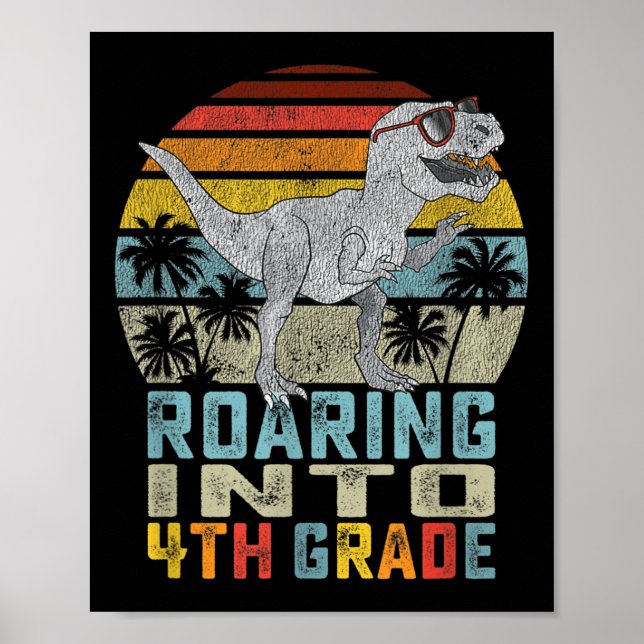 Affiche Kids Roaring Into 4th Grade Dinosaur T Rex Back To (Devant)