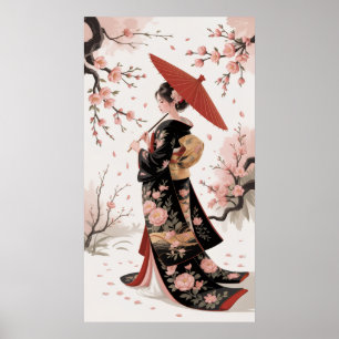 Affiche Kimono et fleurs de cerisiers