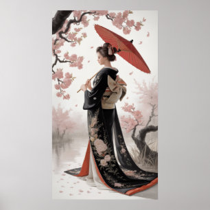 Affiche Kimono et fleurs de cerisiers