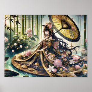Affiche Kimono Floral Majestueux Sous La Canopée De Bambou
