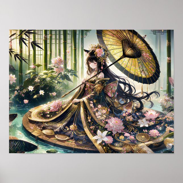 Affiche Kimono Floral Majestueux Sous La Canopée De Bambou (Devant)