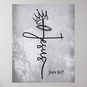 Affiche KING JESUS Christian Cross Grunge Hand Letter Grey