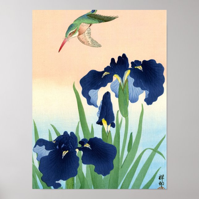 Affiche Kingfisher au-dessus d'Irises, 1926 par Ohara Koso (Devant)