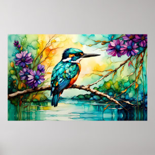 Affiche Kingfisher perché au-dessus des Fleurs sauvages d'