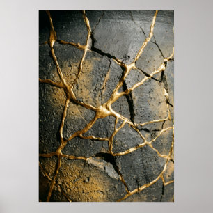 Affiche Kintsugi Japonais Or Pierre Fendue Sombre Wabi Sab