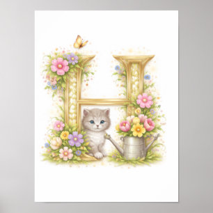 Affiche Kit Nursery Lettre H Chaton Bébé Initial Floral Or