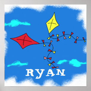 Affiche Kite Jaune Ciel Rouge Nuage Dessin Nom de l`enfant