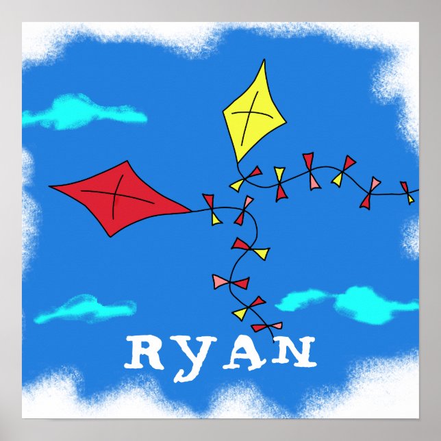Affiche Kite Yellow Red Sky Cloud Drawing Kid`s Name (Devant)